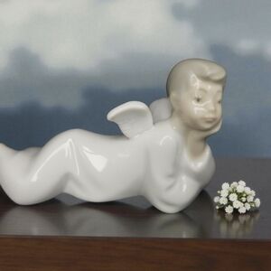 Lladro Nao Angel Figurine - White & Cream Laying Boy Cherub Collectible